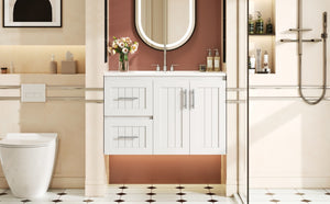 English Elm 36'' Wall Mounted Bathroom Vanity with Ceramic Sink, Solid Wood & MDF Floating Cabinet with Drawers White N710P293299K