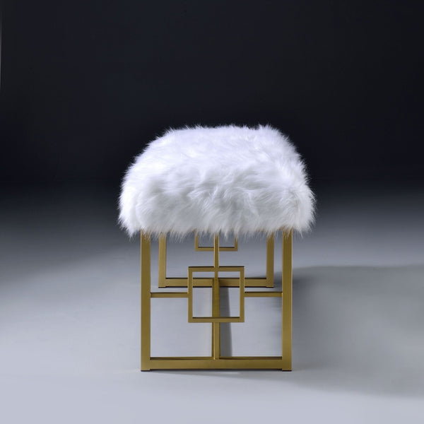 English Elm White Faux Fur Glam Bench With Gold Sled Base | Stylish Entryway Seating For Modern Homes B062P189116-GIGA