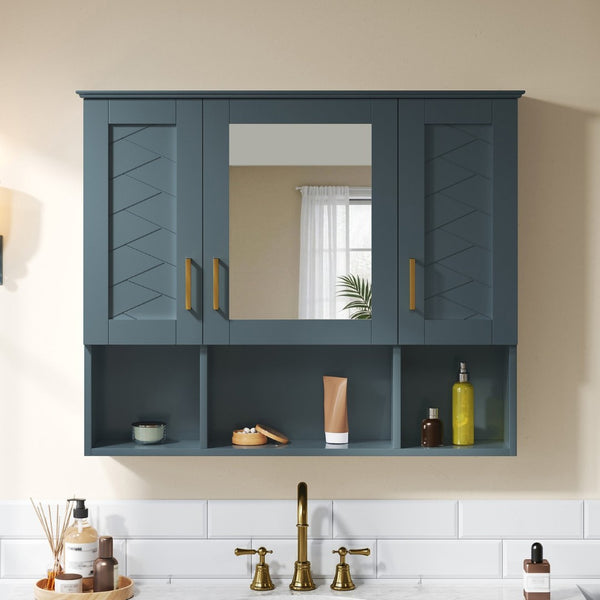 English Elm 35 Inch Wall Mount Medicine Cabinet Soft Close Mirror Storage for Modern Bathroom Blue N710P389453C