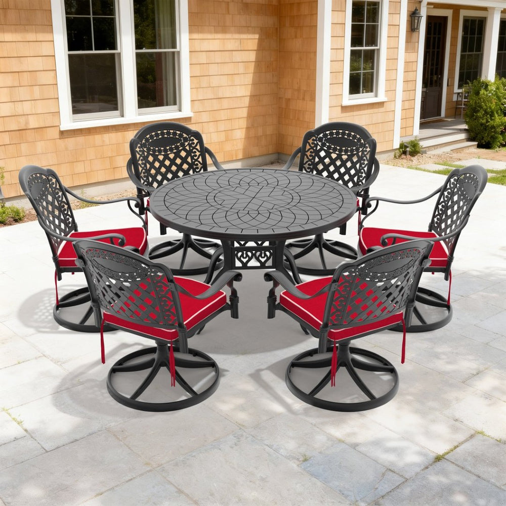 English Elm 7-piece Cast Aluminum Outdoor Dining Set with Swivel Chairs and Round Patio Table W1710S00310
