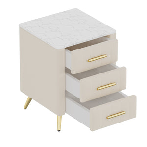 English Elm Upholstered Velvet Nightstand with Faux Marble Top Three Drawers and Slim Metal Legs Beige N733P208520A