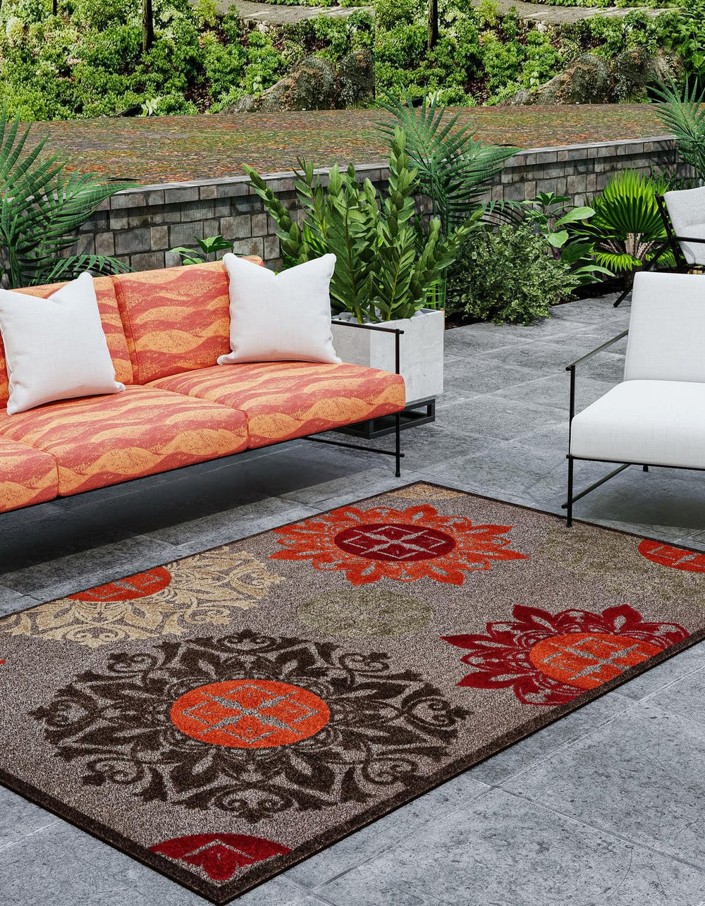 Unique Loom Outdoor Modern Chicago Machine Made Medallion Rug Brown, Orange/Red/Beige/Gray 9' 0" x 12' 2"