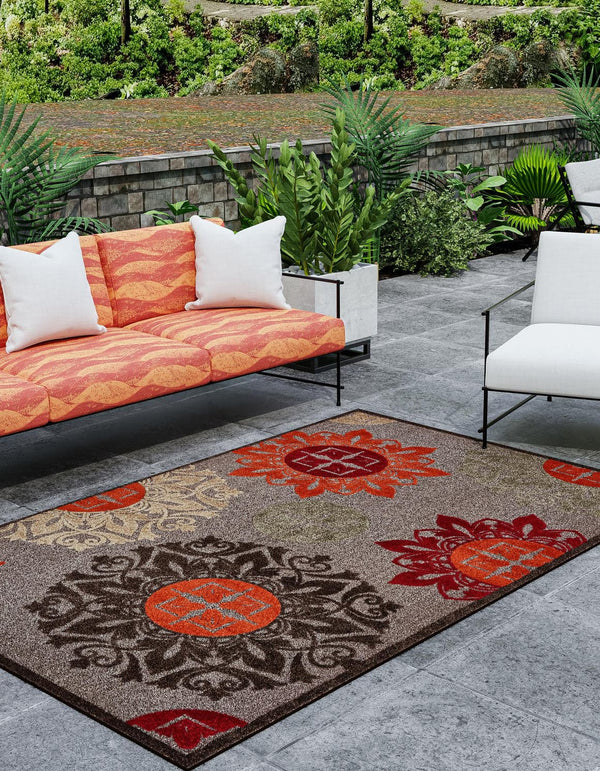 Unique Loom Outdoor Modern Chicago Machine Made Medallion Rug Brown, Orange/Red/Beige/Gray 8' 0" x 10' 0"