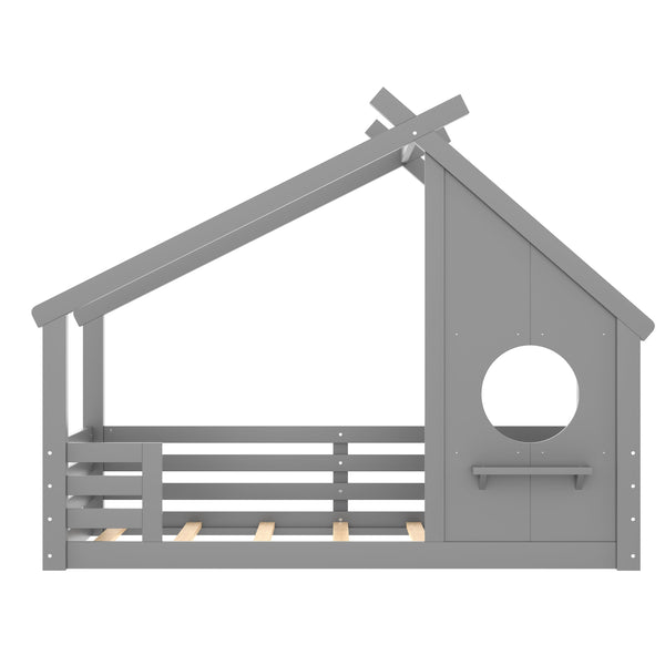 English Elm Twin House Floor Bed with Window & Shelf, Solid Wood Pitched Roof Design for Safe Cozy Sleep Grey W1580P362683