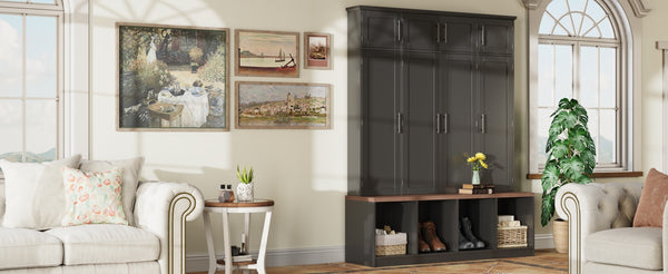 English Elm [Assembly Video] Farmhouse Hall Tree with Walnut Bench, 8-Door Shoe Cabinet, 4 Hooks & Open Storage Organizing Entryway Black N721S000059B