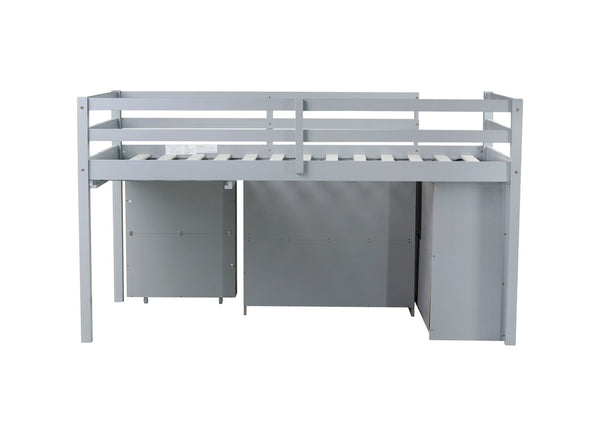 English Elm Twin Loft Bed With Storage Cabinets, Pull-Out Desk & Safety Guardrail - Sturdy Grey Rubberwood Design W504S00201-GIGA