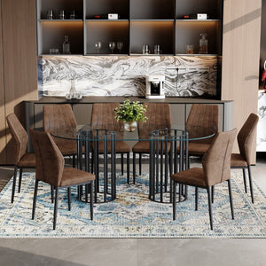 English Elm Table Set Oval Tempered Glass 71 Inch Top with Eight Faux Suede Chairs Modern Dining W1151S04760