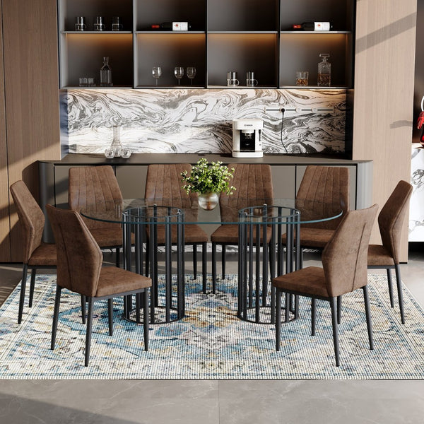 English Elm Table Set Oval Tempered Glass 71 Inch Top with Eight Faux Suede Chairs Modern Dining W1151S04760