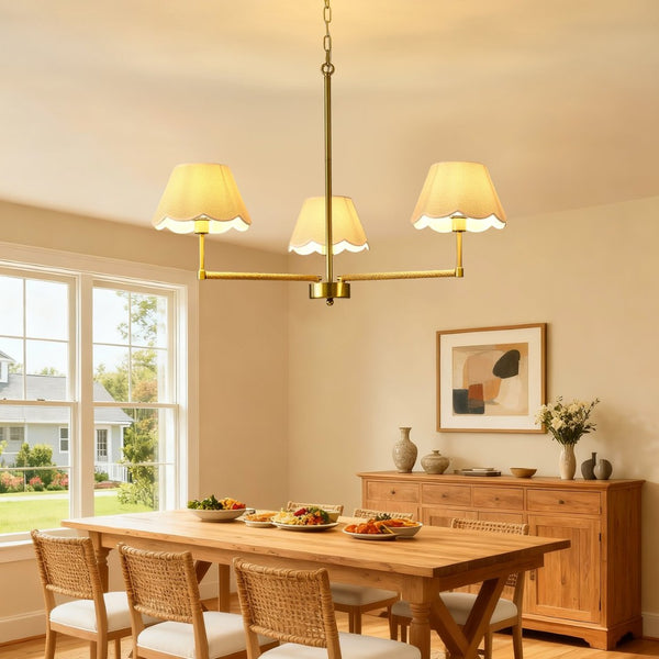 English Elm 3-light Gold Rope Wrapped Chandelier with Fabric Shades for Dining and Living Rooms W5008P391554
