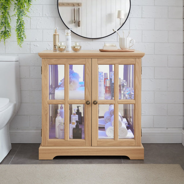 English Elm Led Curio Display Cabinet - Antique Oak Showcase With Adjustable Shelves, Remote & Lattice Doors For Home W2275P231692