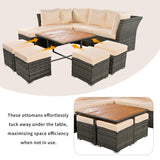 English Elm Patio Furniture Set, 10 Piece Outdoor Conversation Set, Coffeetable With Ottomans, Solid Wood Coffee Table