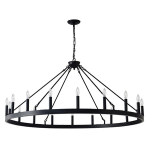 English Elm 53.15 Inch Wagon Wheel Chandelier Matte Black 18 Light Farmhouse Industrial Large Room W5008P389053