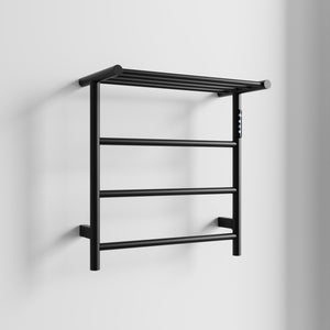 English Elm Heated Carbon-Fiber Towel Rack with Top Shelf and Timer, Rapid 3–7min Warmth, IPX4 Waterproof Black T3177P305030