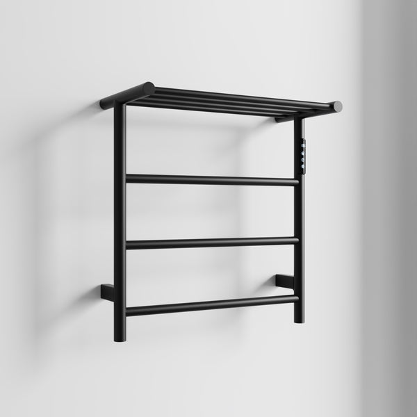 English Elm Heated Carbon-Fiber Towel Rack with Top Shelf and Timer, Rapid 3–7min Warmth, IPX4 Waterproof Black T3177P305030