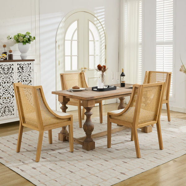 English Elm Rattan Solid Wood Dining Chair with Linen Seat and Decorative Armrests, Rustic Faux Rattan Elegance for Home Beige W1143P335052