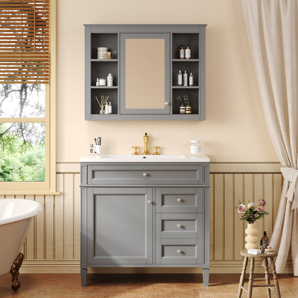 English Elm 36'' Modern Bathroom Vanity Set With Mirror, 2 Soft-Close Drawers, & 6 Open Shelves For Storage N710S236006E