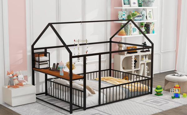 English Elm Full Size Metal House Bed Frame with Desk, Shelves, USB Power Ports & Playful Roof for Kids Room Delight Black N737P173491B