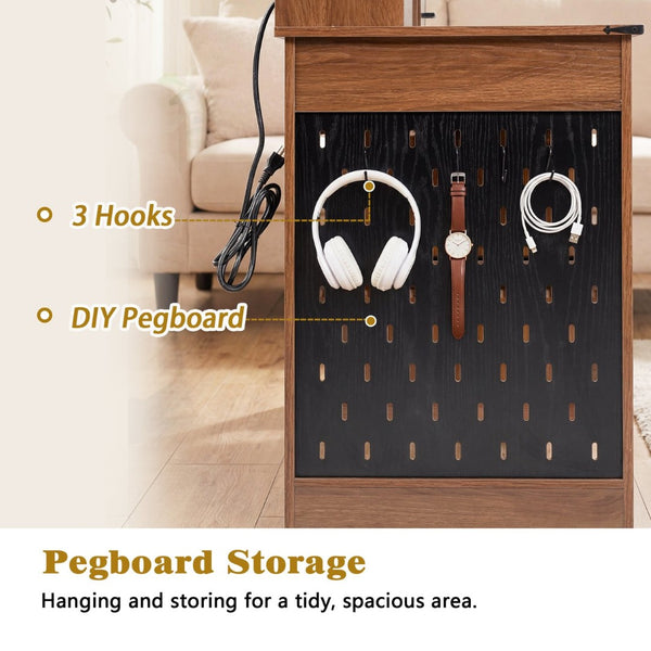 English Elm 55" Farmhouse Writing Desk with Cabinet Charging Station Pegboard and Monitor Stand Dark Walnut W2917S00009