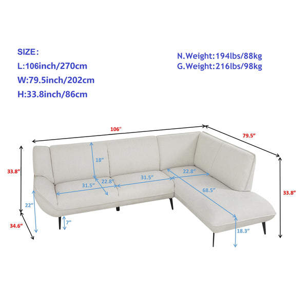 English Elm 106inch Large Combination Sofa F101 Two-Tone Chenille Fabric High-Rebound Seats Solid Wood Frame Metal Legs Beige W1410S00011