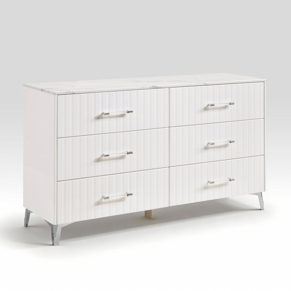 English Elm Glam White Six Drawer Dresser Faux Marble Top Chrome Legs Bedroom Storage B011P443206