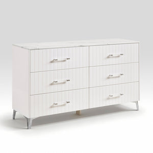 English Elm Glam White Six Drawer Dresser Faux Marble Top Chrome Legs Bedroom Storage B011P443206