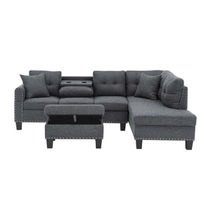 English Elm Camden Power Sectional Sofa with Storage Ottoman, Gray Tufted Polyester, USB/Outlet, Tray Table B343S00031