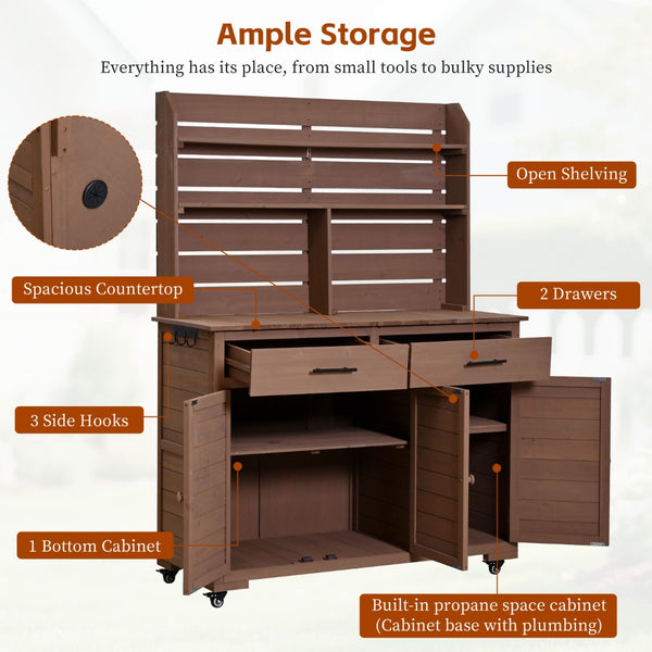 English Elm (assembly Video) Topmax Solid Fir Outdoor Potting Bench Grill Cart with Hutch Storage Brown N717P404333D