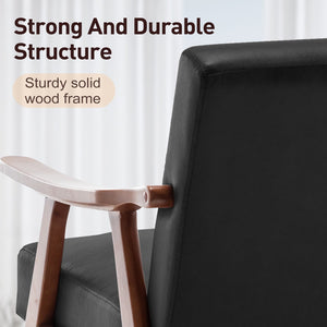 English Elm Mid-Century curved armchair with solid wood frame, extra-thick backrest, comfy lounge seat for home decor Black PU W2200P186174