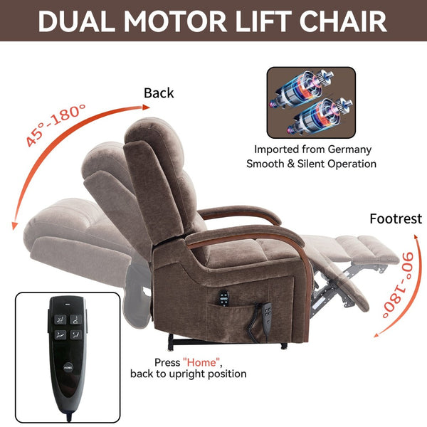 English Elm Power Lift Recliner Chair Chenille Upholstery Dual Motor Heat Massage Solid Wood Arms Brown W1803S00068