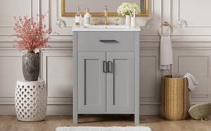 English Elm 24"Bathroom Luxurious Space-Saving Vanity with Ceramic Sink, Solid Wood Frame, Soft-Close Doors and Storage Grey N729P183716E