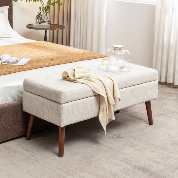 English Elm Storage Bench Upholstered Linen Entryway Ottoman with 300 lb Capacity, Hidden 7.8" Storage, Solid Wood Legs Off White W2200P152169