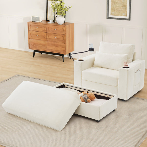 English Elm Modern Multifunctional Armchair with Chaise Lounge, Hidden Ottoman Storage, USB Ports & Cup Holders Beige N719P292700A