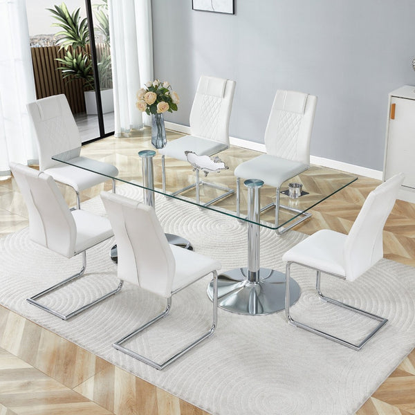 English Elm Table and Chair Set Extendable Mdf Round Oval Dining with 6 Gray Pu Seats Silver,Transparent,White W1151S04554