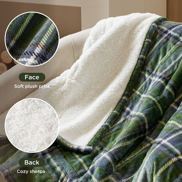 English Elm 1-piece Aztec Heated Throw with 12 Settings Auto Shutoff Soft Ivory Boho Blanket Green Plaid B035P408331