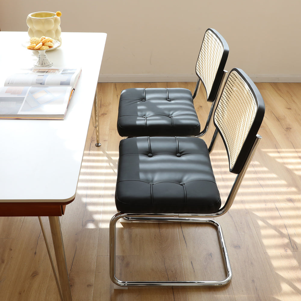 English Elm Dining Mid-Century Cantilever Chairs Set of 2 with Chrome Frame, Rattan Back and Faux Leather Seat Black W2105P230510
