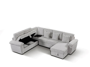 English Elm 110-inch U-shaped Corduroy Sectional with Sleeper Storage and Built-in Charging Table W2564S00053