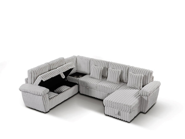 English Elm 110-inch U-shaped Corduroy Sectional with Sleeper Storage and Built-in Charging Table W2564S00053