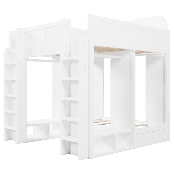 English Elm Triple Bunk Bed Wood Frame with Built in Shelves Hooks for Shared Kids Rooms White N7090004027K