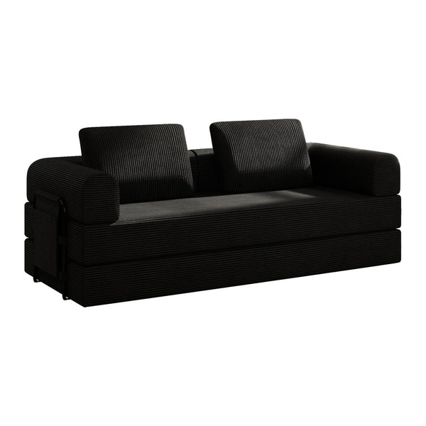 English Elm Convertible Corduroy Sleeper Sofa Foldable Three Seat Couch for Studio or Bedroom Black W3366P447116