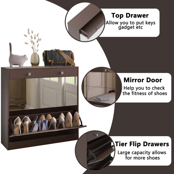 English Elm Mirror Shoe Cabinet with Mirror & Drawer Storage, 4-Tier 16-Pair Organizer, Bright Brown MDF Entryway Unit W760P206336