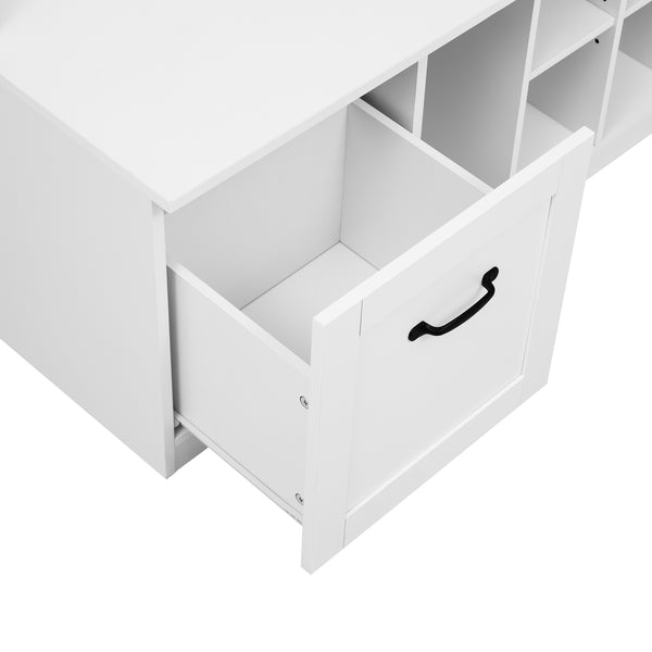 English Elm U-Can 5-in-1 Entryway Bench Hall Tree with 7 Hooks, 2 Drawers & Adjustable Shelves for Organized Homes White N724P235232K