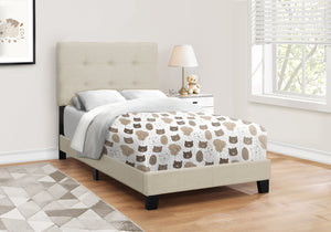 English Elm Bed, Twin Size Upholstered Platform with Tufted Headboard, Linen-Look Comfort, Sturdy Slat Frame Beige 45 L x 26 W x 4 H B2710P219523