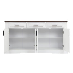 English Elm 63" Fluted Mdf Sideboard with Wood Tone Top Four Doors Three Drawers Dining Storage White W2917S00011