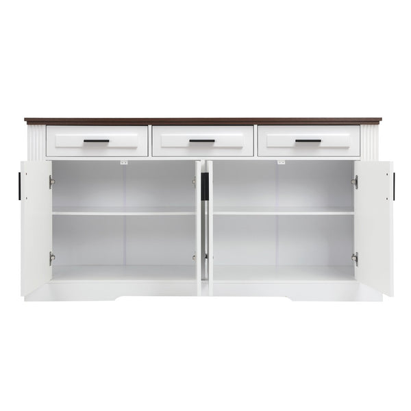 English Elm 63" Fluted Mdf Sideboard with Wood Tone Top Four Doors Three Drawers Dining Storage White W2917S00011