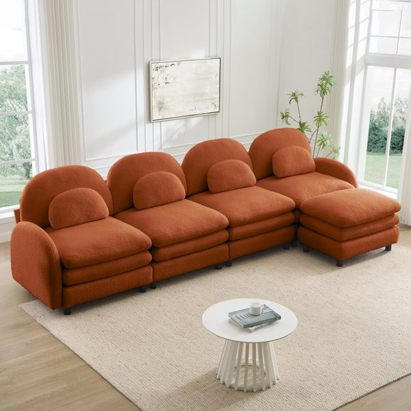 English Elm Teddy Fleece Curved Modular Sectional Sofa with Ottoman Four Seat Cloud Comfort Orange W5656S00103