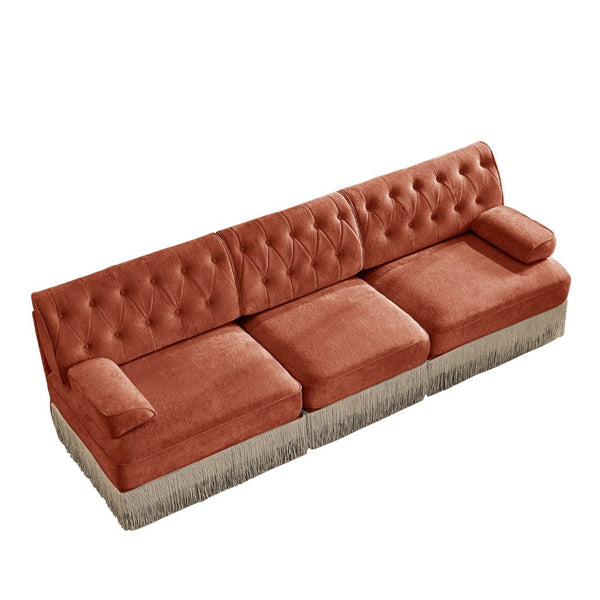English Elm 3-seater Velvet Tufted Sofa with Tassel Fringe Skirt French Luxe Living Room Seating Red+Brown W714S01722