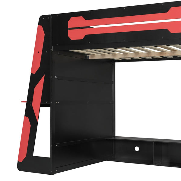English Elm Full Size Wood Loft Bed with Rgb Lighting Desk Storage and Gaming Console Shelf Red LT000260AAR