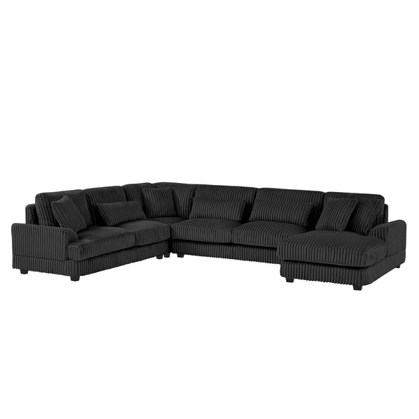 English Elm 129" Oversized Sectional Sofa U-Shaped Corduroy Chaise Lounge with Curved Armrests Plush Foam Comfort Black N719S001690B