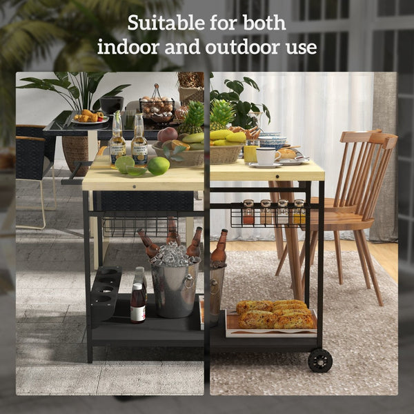 English Elm Outsunny Fir Wood Rolling Bar Cart with Wine Slots Baskets and Powder Coated Frame W2225P200506