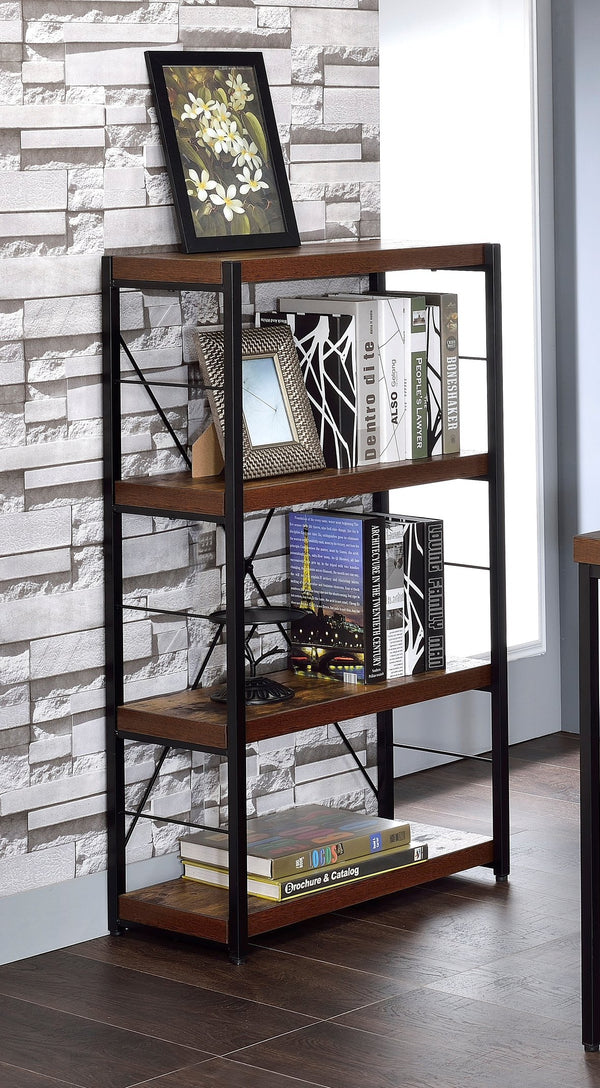 English Elm Bob Weathered Oak Bookshelf with Black Metal Frame, 3-Tier Open Storage, Industrial Modern Design B2726P278407
